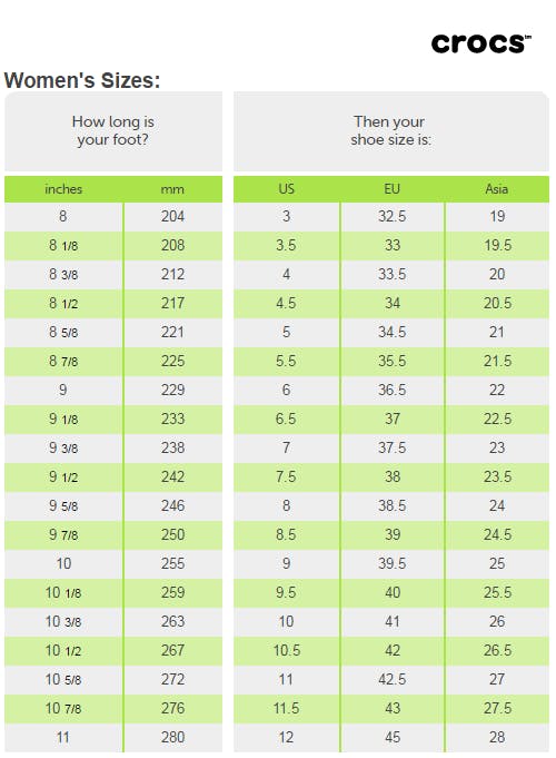 Crocs Size Chart A Visual Reference of Charts Chart Master
